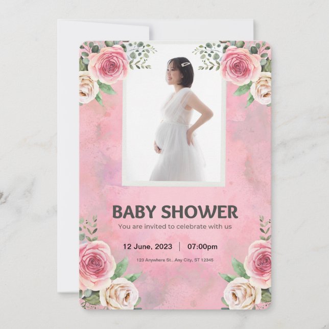Rosa Watercolor Baby Shower Inbjudningar (Framsida)