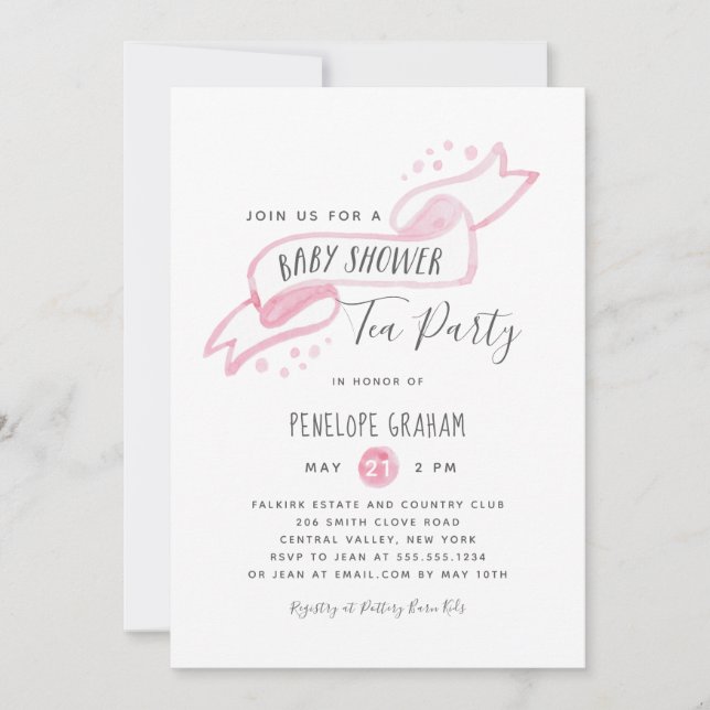 Rosa Watercolor Baby Shower Tea Party-inbjudan Inbjudningar (Framsida)