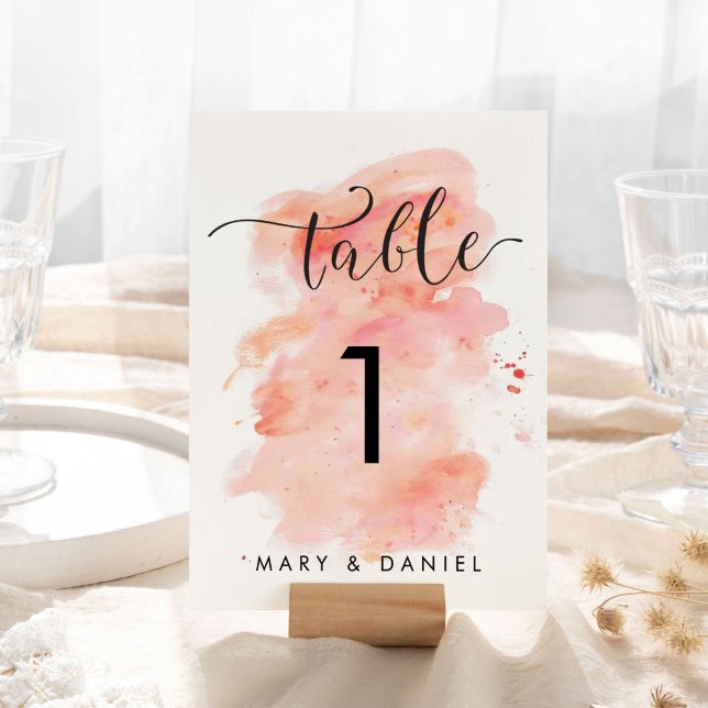 Rosa Watercolor Background Bröllop Bordsnummer (Pink Watercolor Background Wedding Table Number)