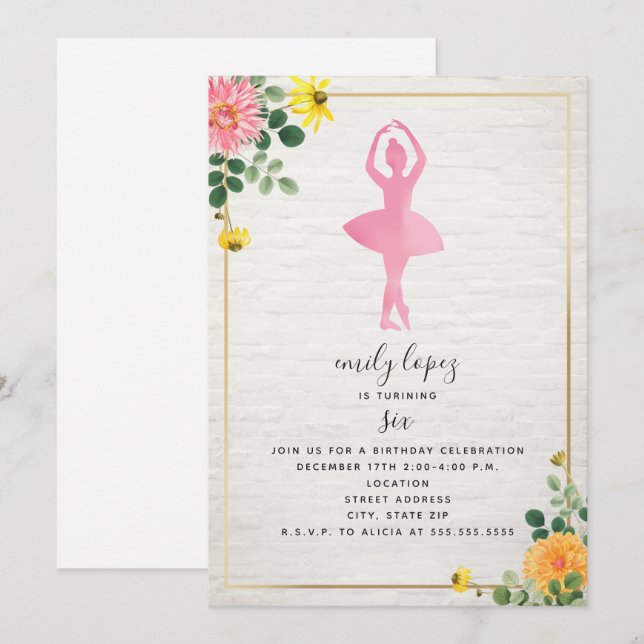Rosa Watercolor Ballerina Brick Blommigt födelseda Inbjudningar (Fram/baksida)