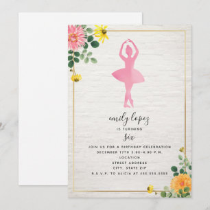 Rosa Watercolor Ballerina Brick Blommigt födelseda Inbjudningar