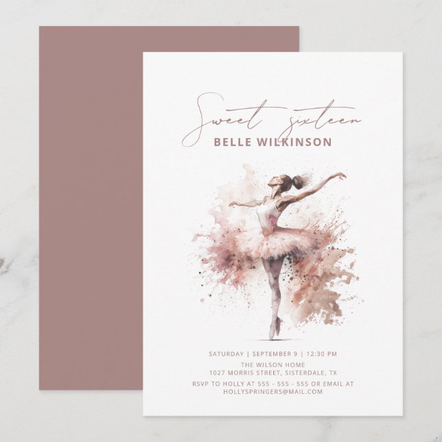  Rosa Watercolor Ballerina Sweet 16 Birthday Inbjudningar (Fram/baksida)