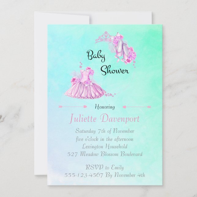 Rosa Watercolor Ballet Princess Baby Shower Inbjudningar (Framsida)
