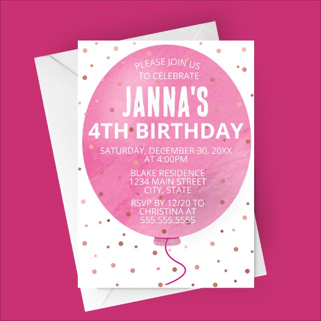 Rosa Watercolor Balloon Födelsedagsfest Inbjudningar (Pink Watercolor Balloon Party Invitation)