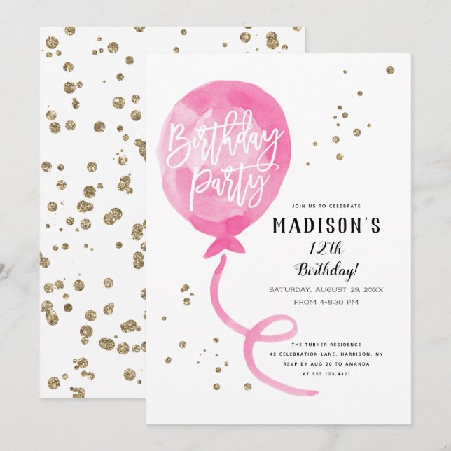 Rosa Watercolor Balloon Guld Confetti Birthday Inbjudningar (Fram/baksida)