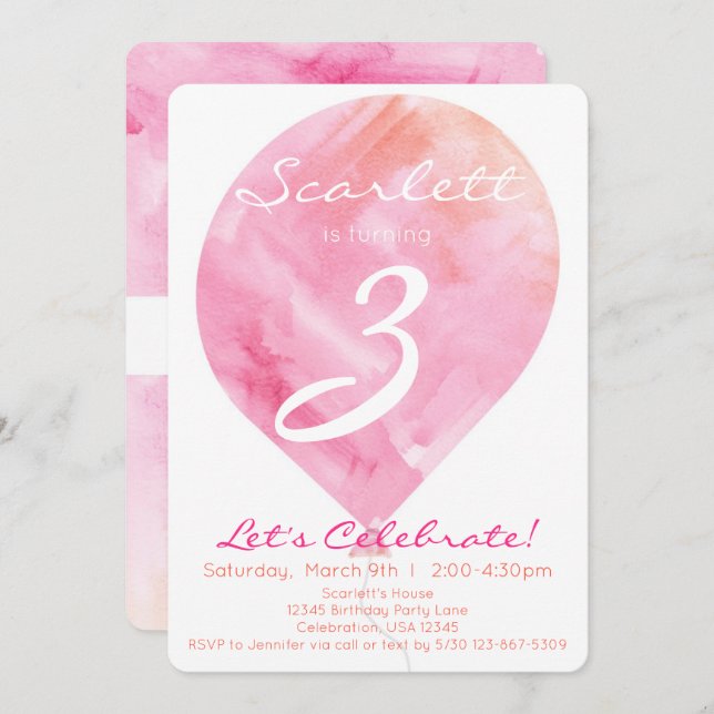 Rosa Watercolor Balloon Little Girl Birthday Inbjudningar (Fram/baksida)