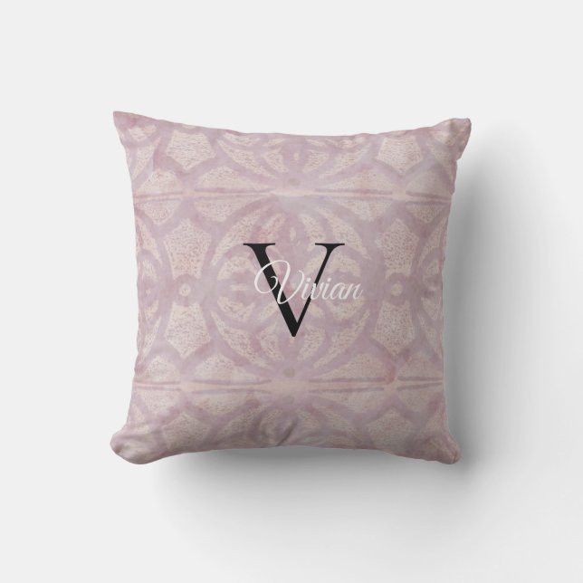 Rosa Watercolor Batik Monogram Namn Kudde (Framsida)