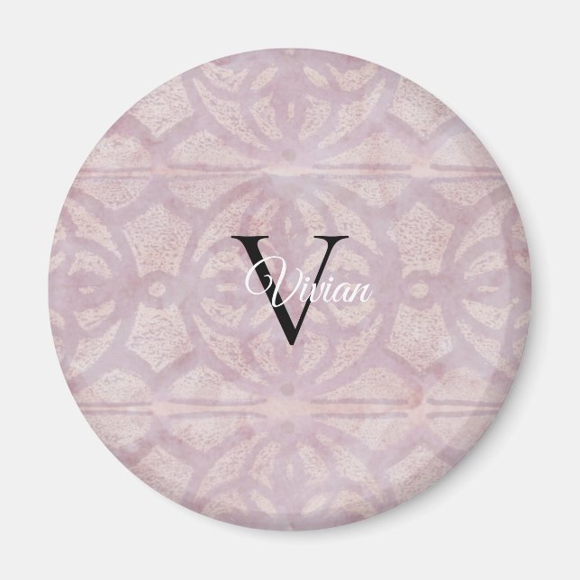 Rosa Watercolor Batik Monogram Namn Magnet (Framsidan)