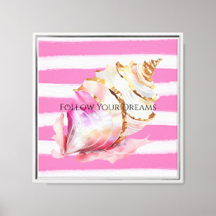Rosa Watercolor Beach Rand Guld Snäcka Canvastryck