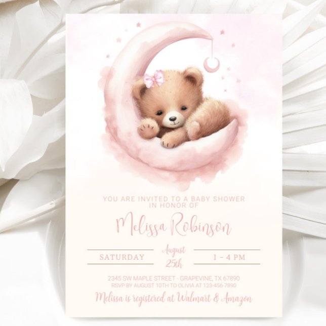  Rosa Watercolor Bear Girl Baby Shower Inbjudningar (Sweet watercolor baby girl bear with pink bow. Simply add your event details.)