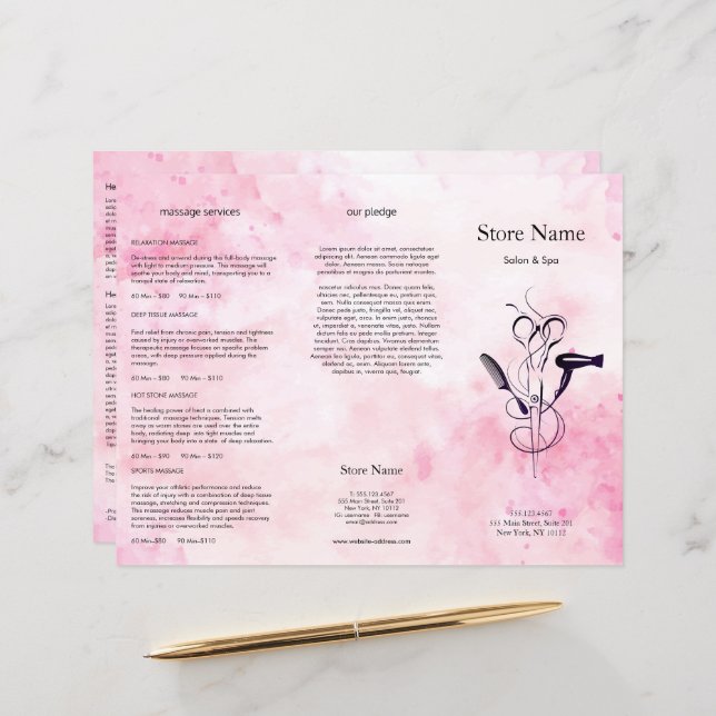 Rosa Watercolor Beauty Salon Trifold Bruchure (Fram/Back In Situ)