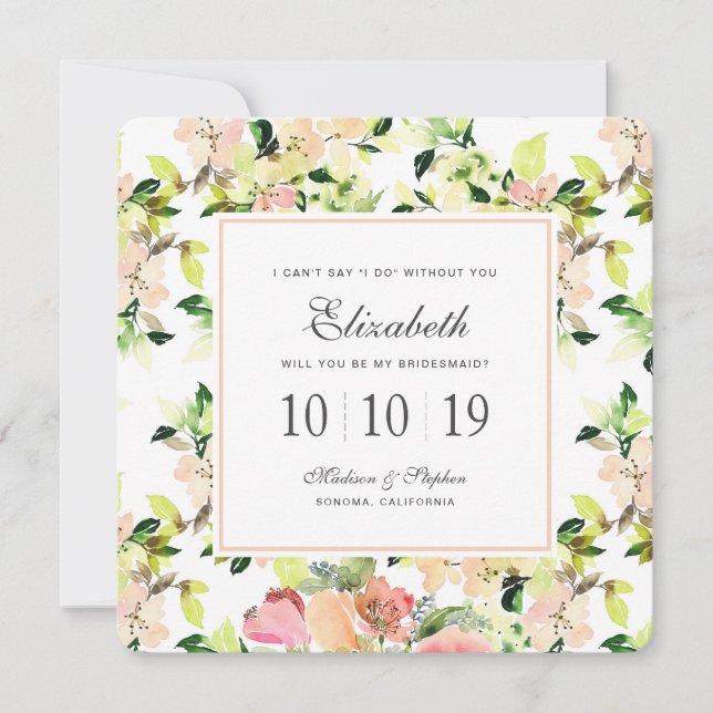 Rosa Watercolor Blommar Mönster - Bridesmaid Inbjudningar (Framsida)
