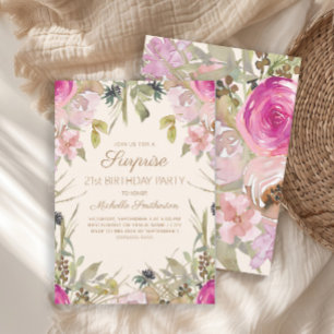 Rosa Watercolor Blommig Överraskning 21-årsdag   Inbjudningar