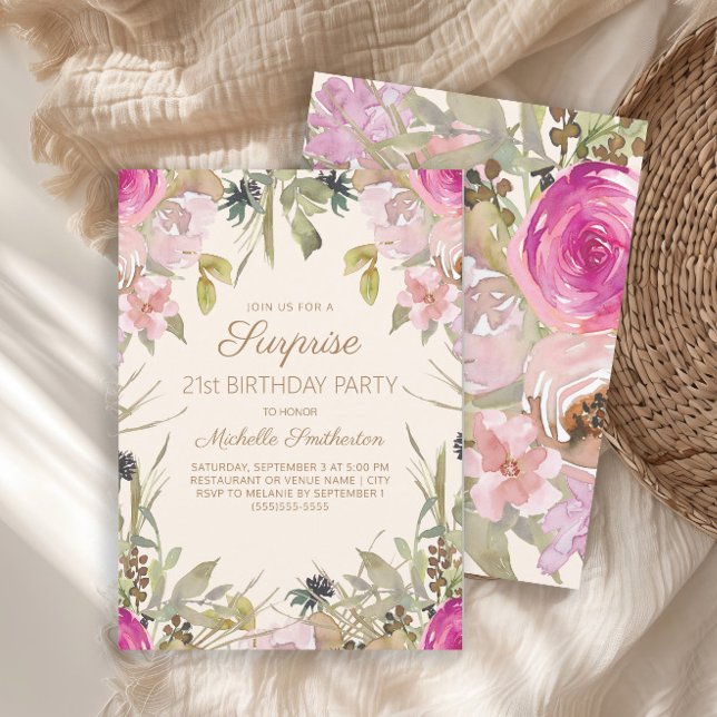 Rosa Watercolor Blommig Överraskning 21-årsdag   Inbjudningar (Elegant pink watercolor floral and sage green leaves surprise 21st birthday party invitation)