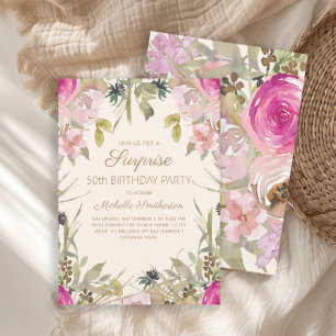 Rosa Watercolor Blommig Överraskning 50-årsdag Inbjudningar