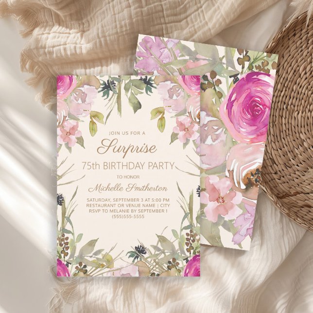 Rosa Watercolor Blommig Överraskning 75-årsdag Inbjudningar (Pink floral and sage green leaves surprise 75th birthday party invitation)