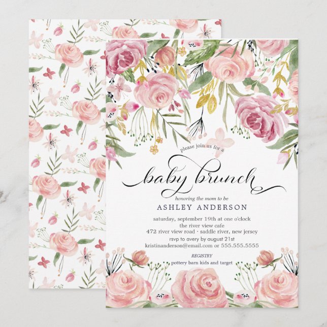  Rosa Watercolor Blommigt Baby Brunch Inbjudningar (Fram/baksida)