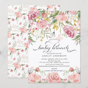 Rosa Watercolor Blommigt Baby Brunch Inbjudningar
