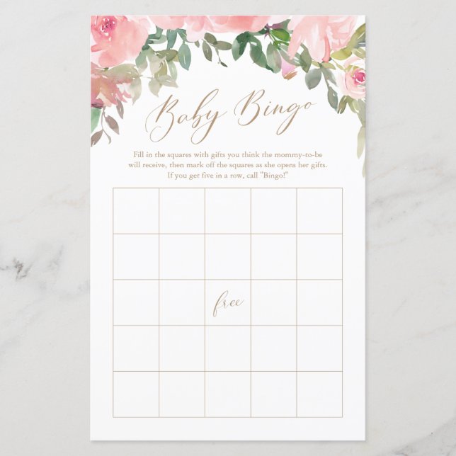Rosa Watercolor Blommigt Baby Shower Bingo Game (Framsida)
