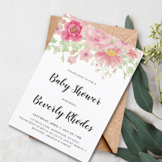 Rosa Watercolor Blommigt Baby Shower Inbjudningar (Skapare uppladdad)