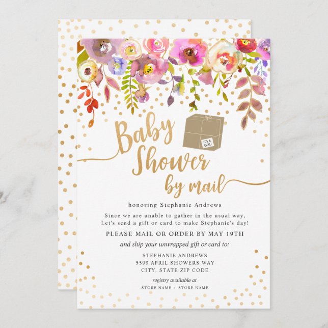 Rosa Watercolor Blommigt Baby Shower per mail Inbjudningar (Fram/baksida)