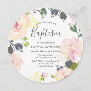 Rosa Watercolor Blommigt Baptism Christening Inbjudningar