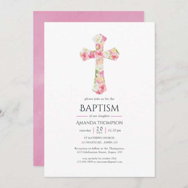 Rosa Watercolor Blommigt Baptism eller Christening Inbjudningar (Fram/baksida)