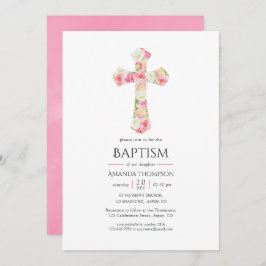 Rosa Watercolor Blommigt Baptism eller Christening Inbjudningar