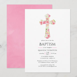 Rosa Watercolor Blommigt Baptism eller Christening Inbjudningar