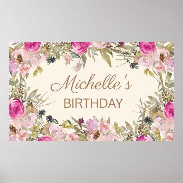 Rosa Watercolor Blommigt Birthday Namn Poster (Framsidan)