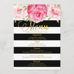 Rosa Watercolor Blommigt Black Rand Bröllop Menu Meny