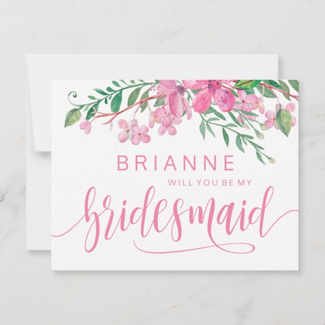 Rosa Watercolor Blommigt, blir du min Bridesmaid Inbjudningar (Framsida)