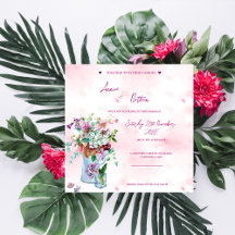 Rosa Watercolor Blommigt Bouquet-bröllopsinbjudan