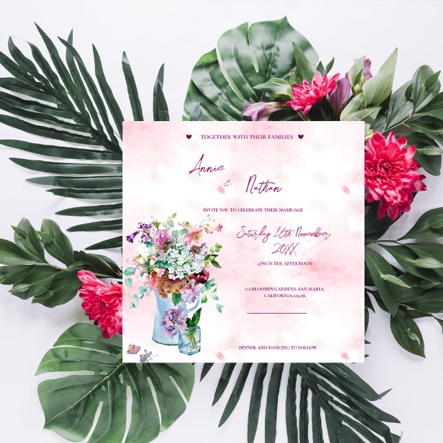 Rosa Watercolor Blommigt Bouquet-bröllopsinbjudan Inbjudningar (Pink Watercolor Floral Bouquet Wedding Invitation)