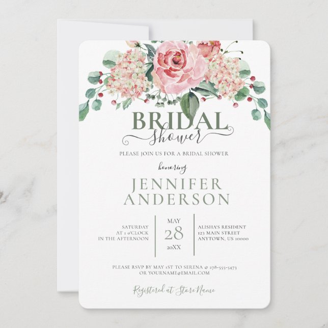 Rosa Watercolor Blommigt Bouquet Möhippa Invit Inbjudningar (Framsida)