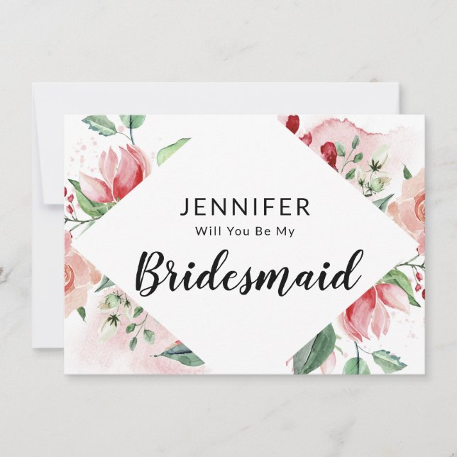 Rosa Watercolor Blommigt Bridesmaid Frieri kort (Framsida)