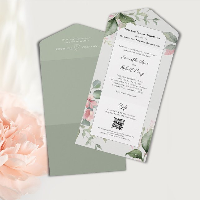  Rosa Watercolor Blommigt Bröllop (Elegant pink floral all in one wedding invitations. )