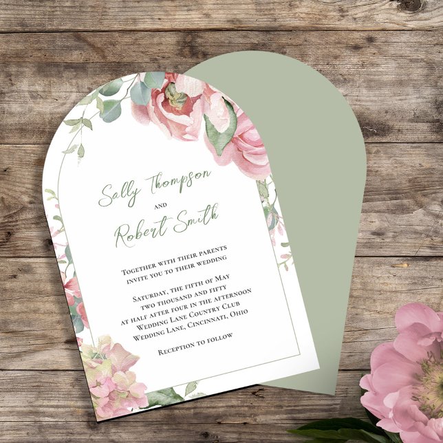  Rosa Watercolor Blommigt Bröllop Arch Inbjudningar (Pink floral wedding arch invitations with stylish calligraphy script. )