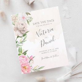 Rosa Watercolor Blommigt Bröllop spara datum