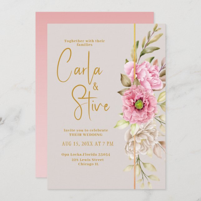 Rosa  Watercolor Blommigt Budget Bröllop Inbjudningar (Fram/baksida)