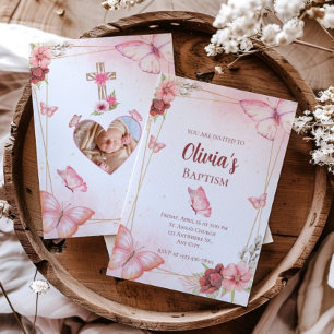 Rosa Watercolor Blommigt Butterfly Photo Baptism Inbjudningar