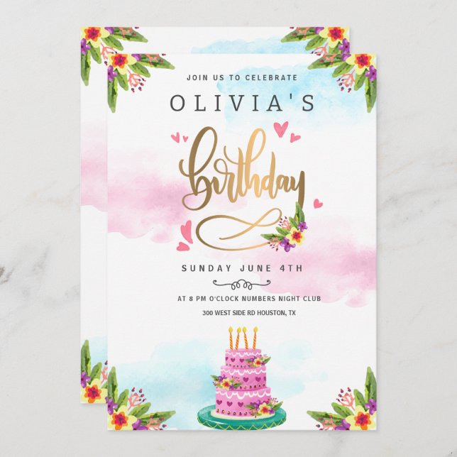 Rosa Watercolor Blommigt Cake Birthday Inbjudningar (Fram/baksida)