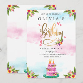 Rosa Watercolor Blommigt Cake Birthday Inbjudningar