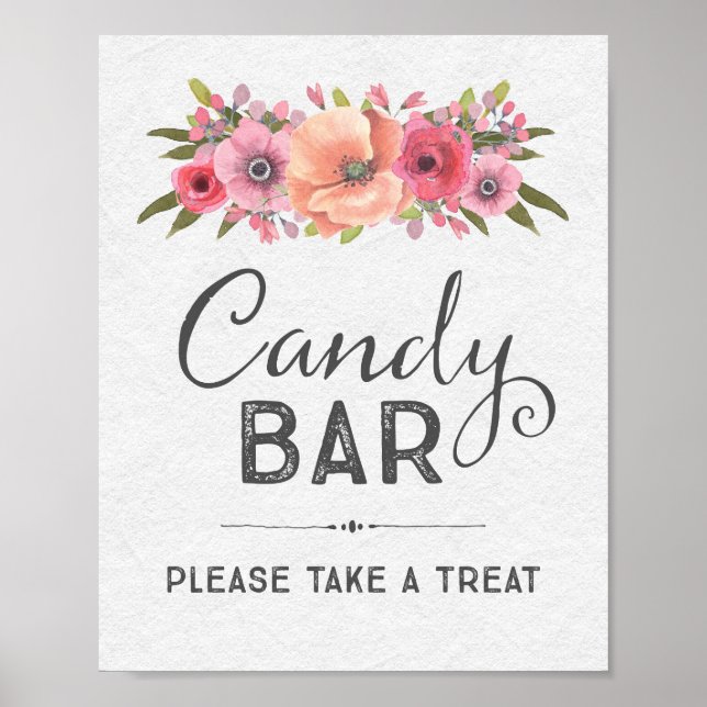 Rosa Watercolor Blommigt Candy Pub Bröllop-tecken Poster (Framsidan)