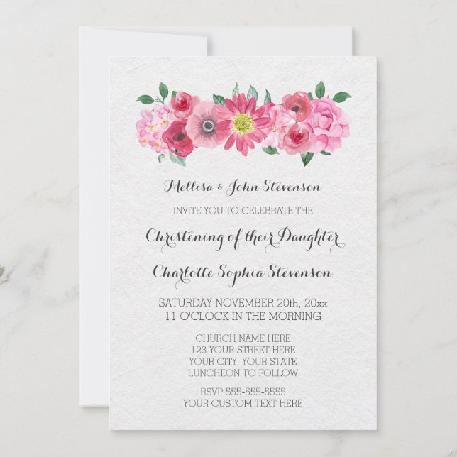 Rosa Watercolor Blommigt Christening-inbjudan Inbjudningar (Baksida)