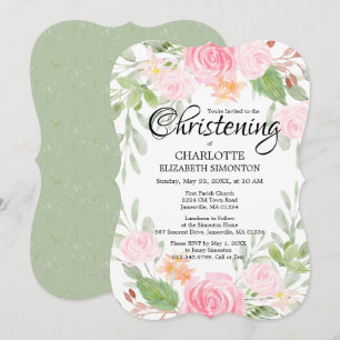 Rosa Watercolor Blommigt Christening-inbjudningar Inbjudningar
