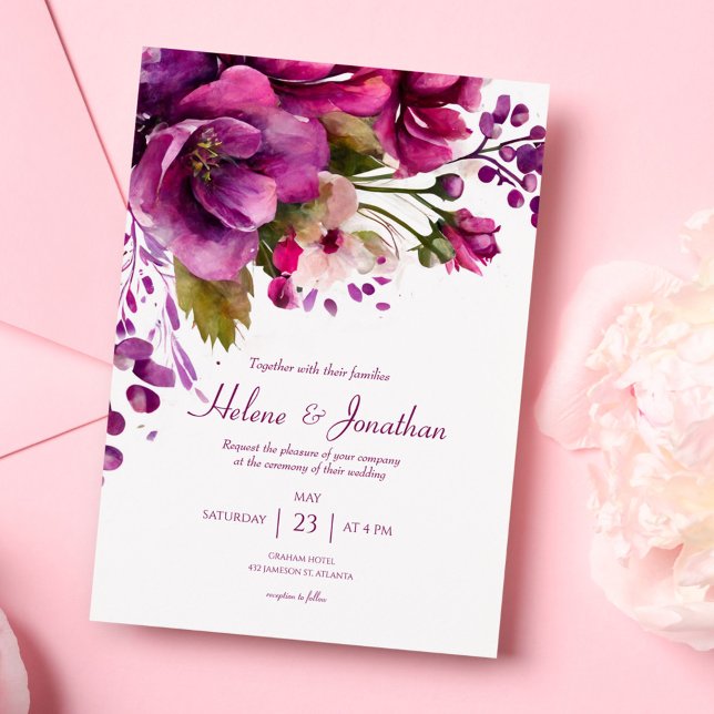 Rosa Watercolor Blommigt Elegant bröllop Inbjudningar (Pink Watercolor Floral Elegant Wedding Invitation)