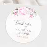 Rosa Watercolor Blommigt Elegant bröllop Runt Klistermärke<br><div class="desc">Vackra bröllop Tack-klistermärken med rosa vattenfärger med modern handskriven kalligrafi.</div>