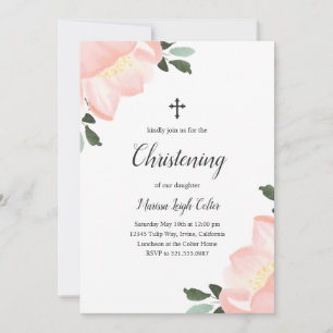 Rosa Watercolor Blommigt Elegant Christening Inbjudningar