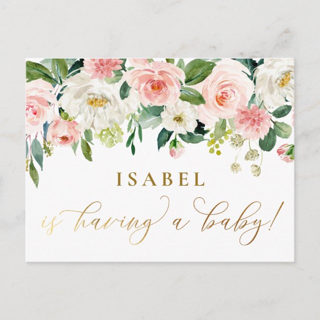  Rosa Watercolor Blommigt Farmhouse Baby Shower Vykort (Framsida)